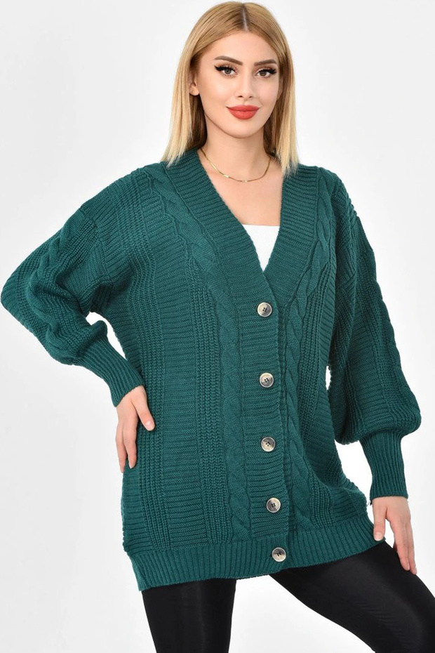 Women's Hijab Knitwear Cardigan 5-Button Hair Knitted Cardigan Emerald Green