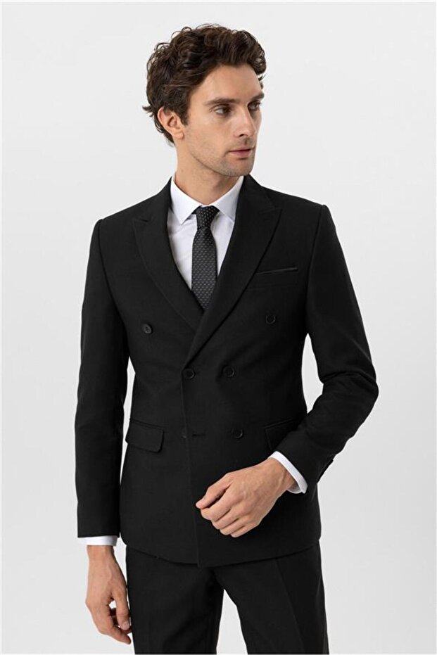 Black Slim Dobby Pointed Collar 6 Drop Suit - 3