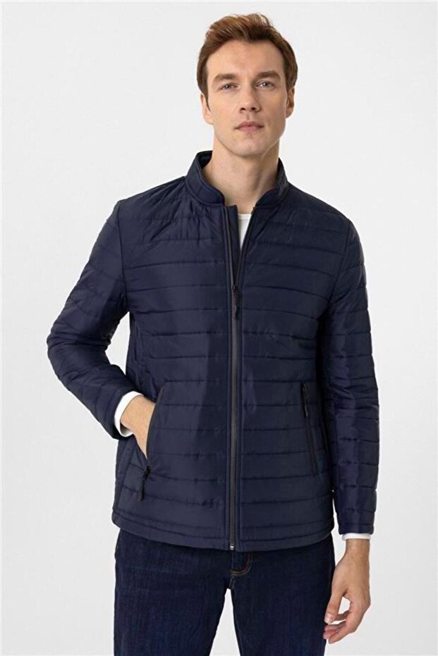 Lacivert Slim Kapitone Mont - 1