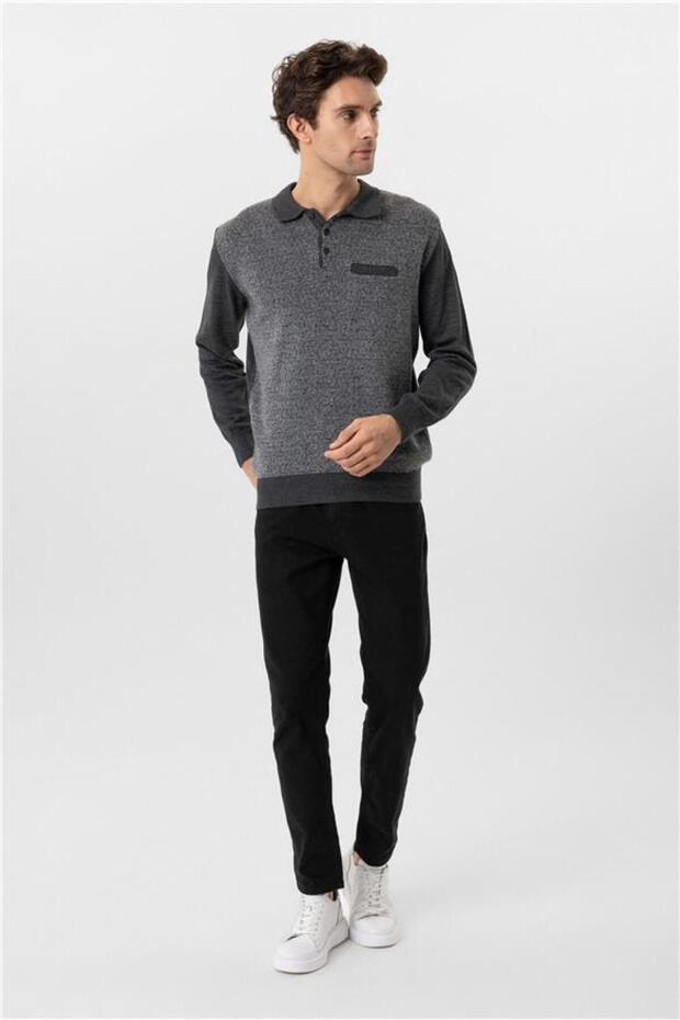 Antrasit Regular Armürlü Polo Yaka Triko - 4