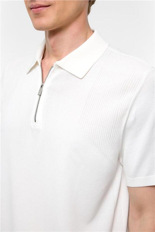 Beyaz Regular Düz Polo Yaka Triko - 4