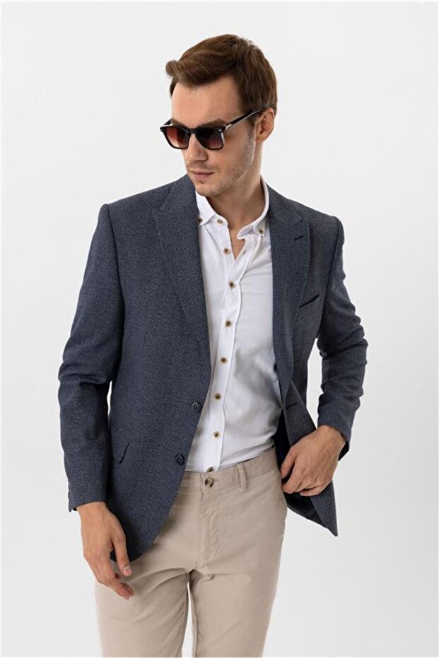 Lacivert Regular Desenli Sivri Yaka 4 Drop Ceket - 6