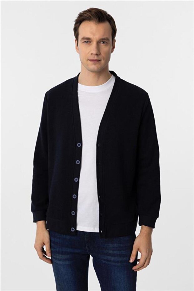 Lacivert Regular Armürlü V Yaka Hırka - 4