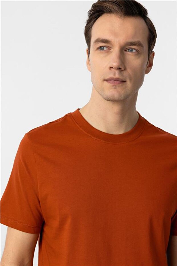 Kiremit Regular Düz Bisiklet Yaka Tişört - 4