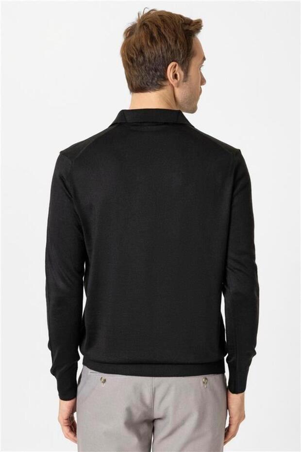 Siyah Regular Düz Polo Yaka Triko - 4