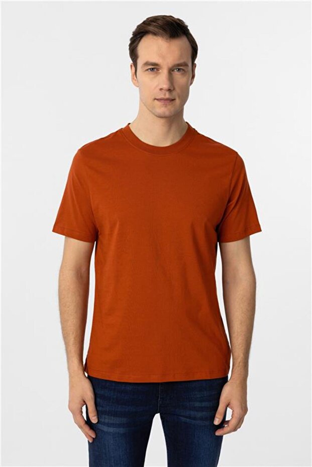 Kiremit Regular Düz Bisiklet Yaka Tişört - 1