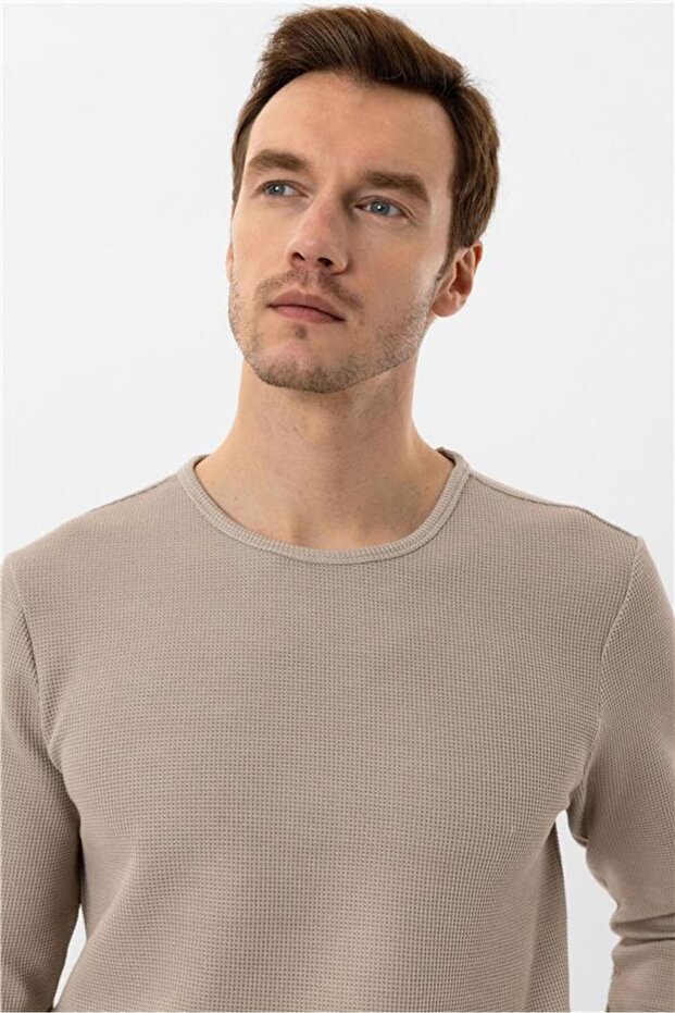 Bej Slim Armürlü Bisiklet Yaka Triko - 4