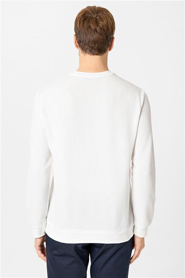 Beyaz Regular Armürlü Bisiklet Yaka Triko - 4