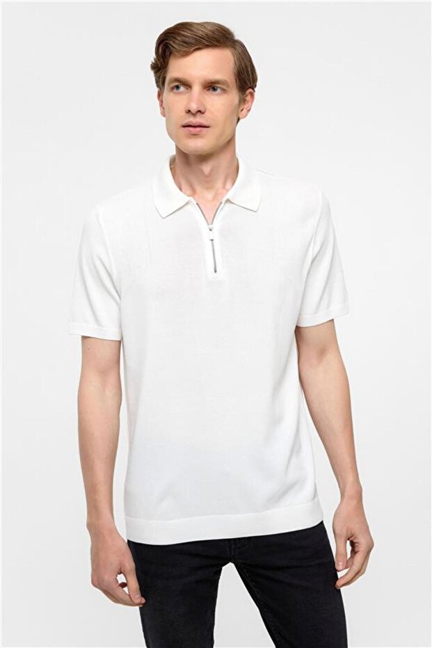 Beyaz Regular Düz Polo Yaka Triko - 2