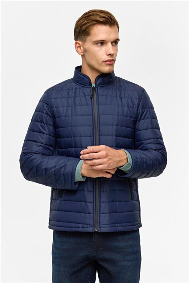 Lacivert Slim Kapitone Mont - 2