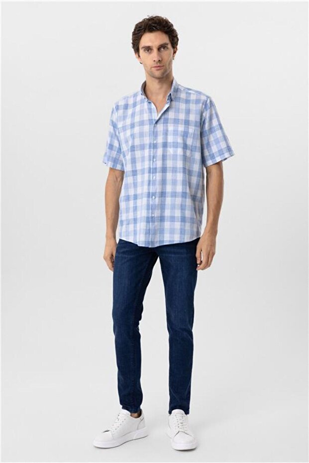 Buz Mavi Regular Düz Düğmeli Yaka Gömlek - 5