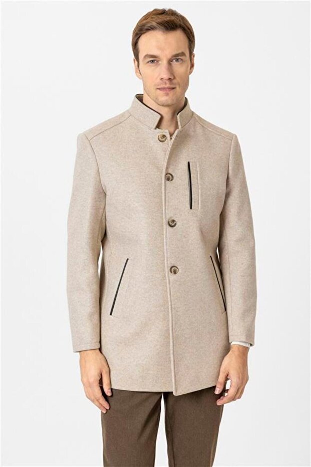 Bej Regular Düz Hakim Yaka Kaban - 1