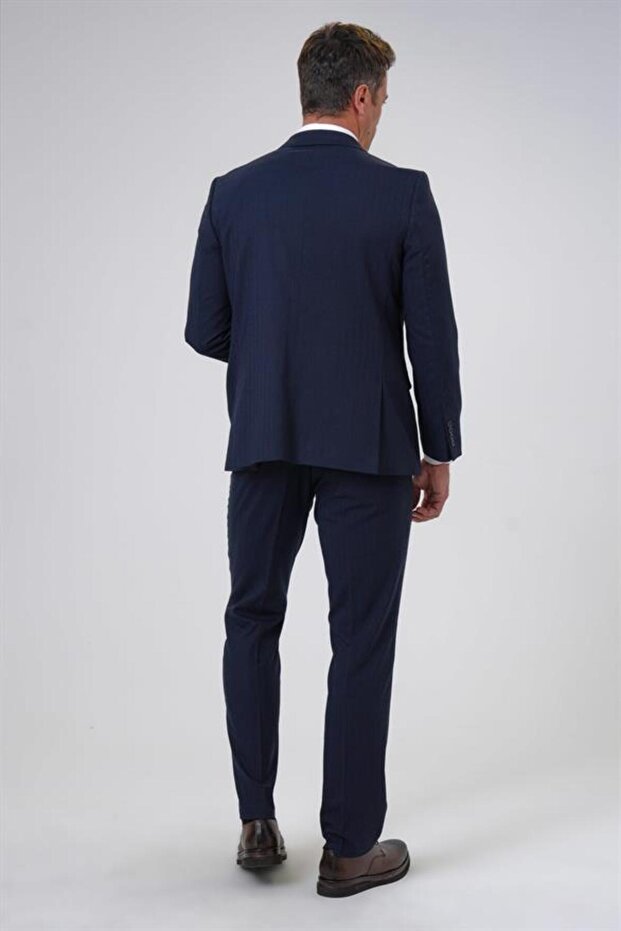 Lacivert Regular Armürlü Sivri Yaka 4 Drop Takım Elbise - 4