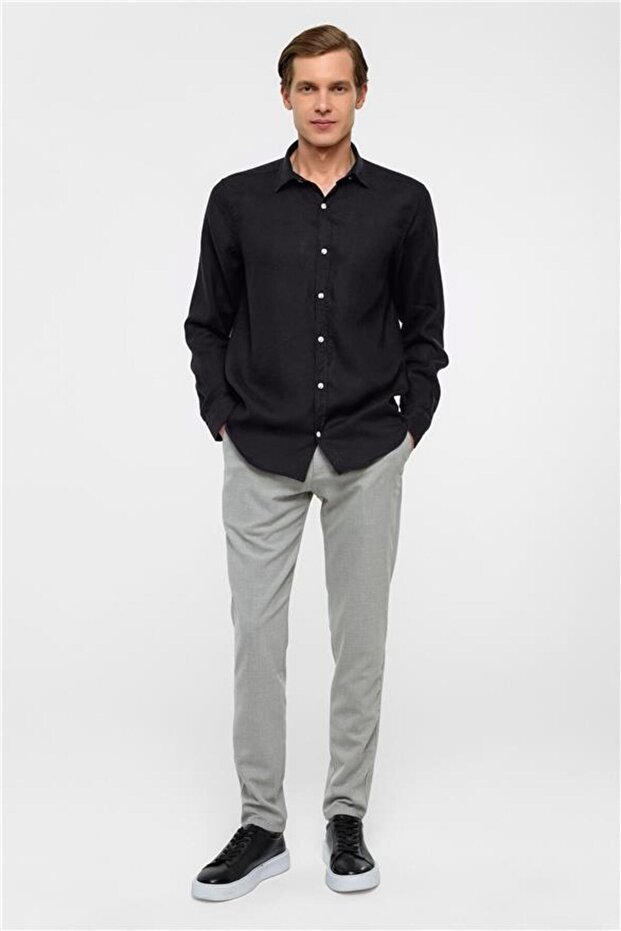 Siyah Regular Düz Klasik Yaka Gömlek - 7