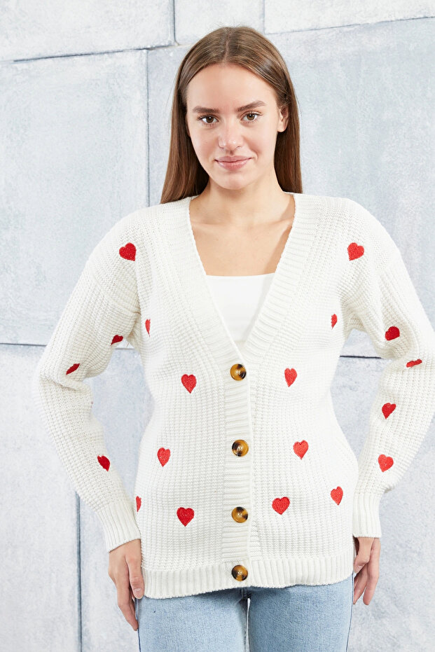 Women's Knitwear Cardigan Heart Standard Size Ecru