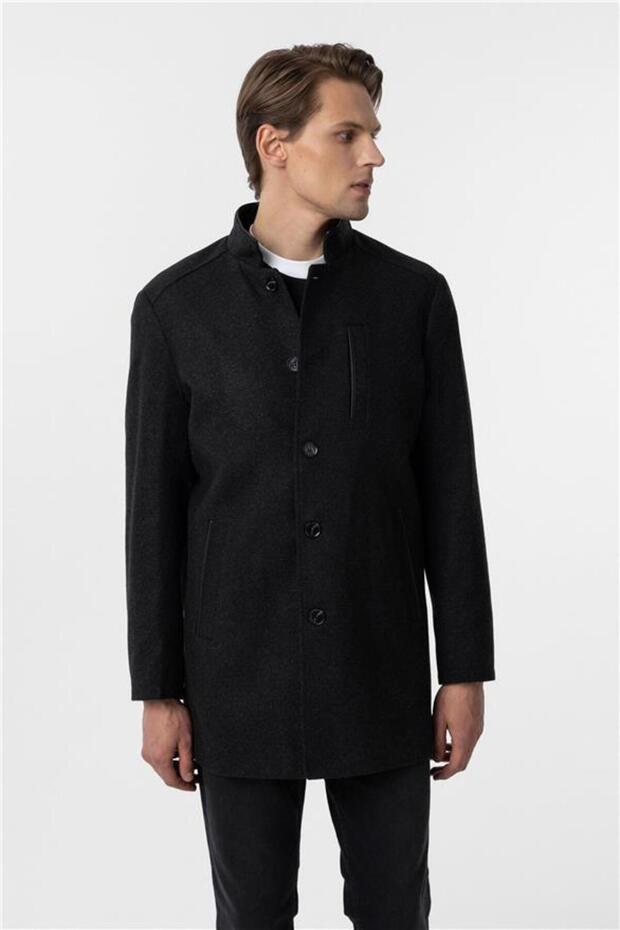 Siyah Regular Düz Hakim Yaka Kaban - 2