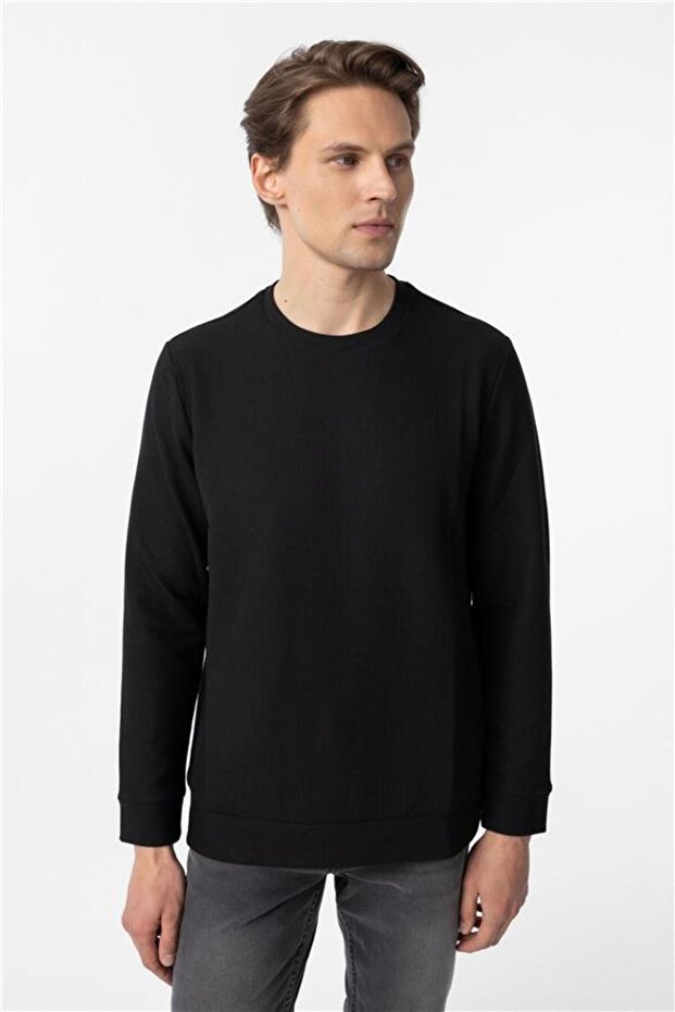 Siyah Regular Armürlü Bisiklet Yaka Triko - 3