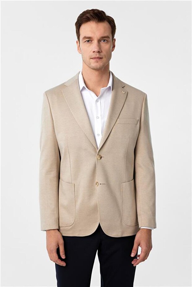 Bej Regular Desenli Mono Yaka 4 Drop Ceket - 1