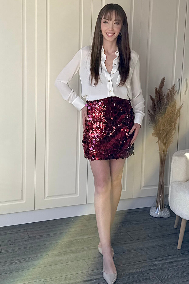 Pullu Mini Bordo Etek - 4