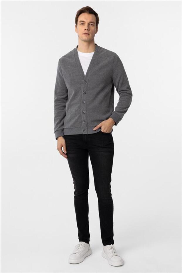 Gri Regular Armürlü V Yaka Hırka - 5