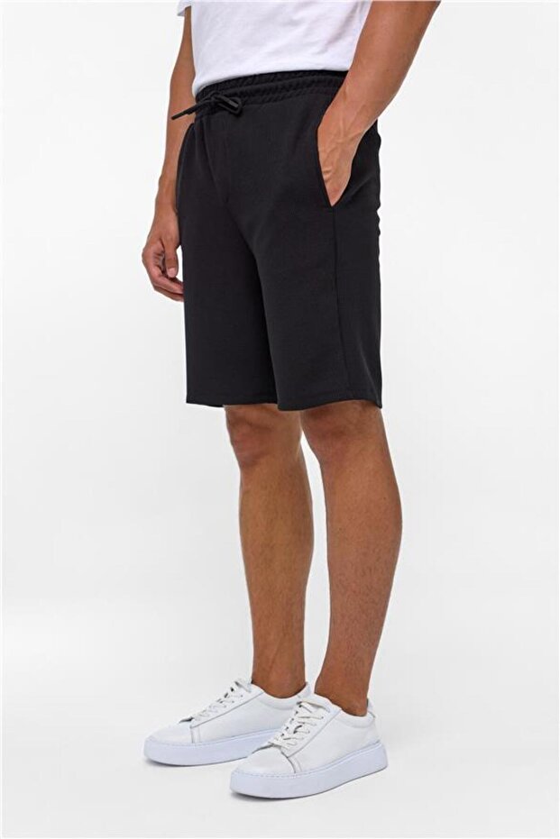 Siyah Regular Armürlü Örme Şort - 3