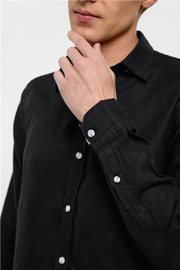 Siyah Regular Düz Klasik Yaka Gömlek - 4