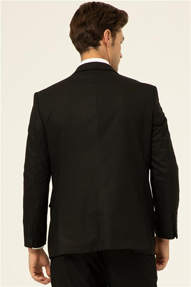 Siyah Regular Düz Mono Yaka 4 Drop Takım Elbise - 2