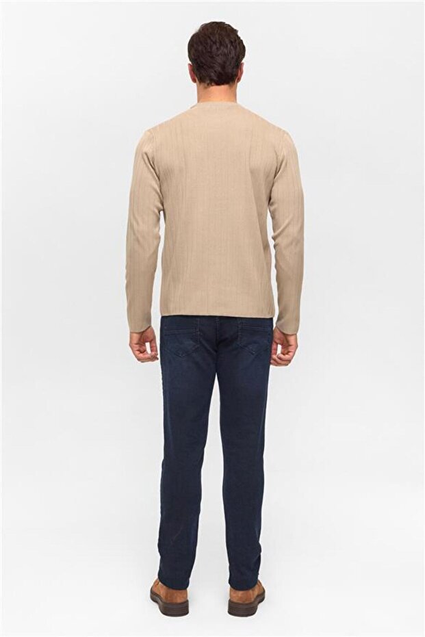 Bej Regular Desenli Bisiklet Yaka Triko - 5