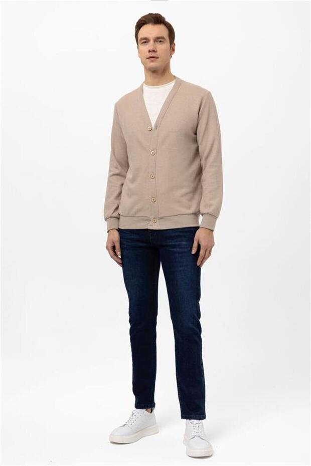 Bej Regular Kapitone Düğmeli Yaka Hırka - 5