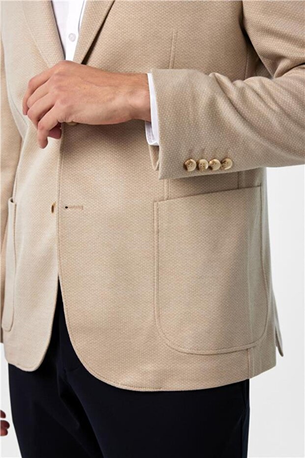 Bej Regular Desenli Mono Yaka 4 Drop Ceket - 4