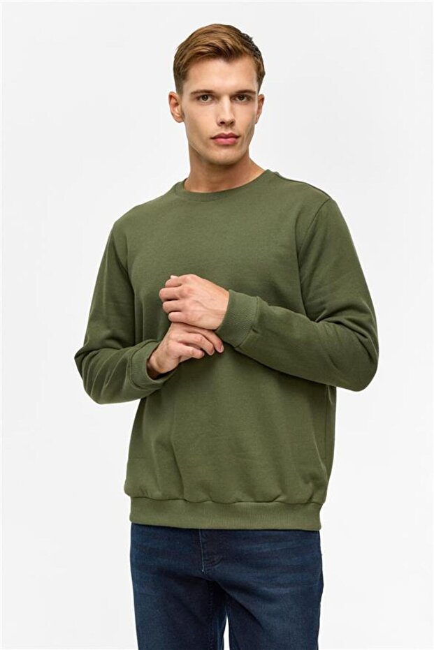 Haki Regular Düz Bisiklet Yaka Sweatshirt - 2