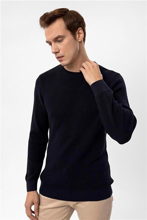 Lacivert Regular Armürlü Bisiklet Yaka Triko - 5