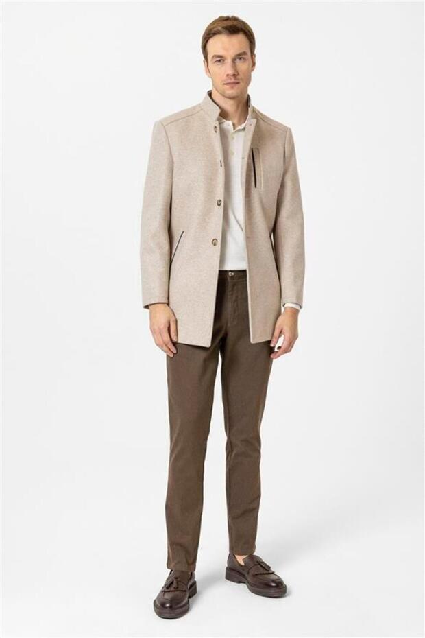 Bej Regular Düz Hakim Yaka Kaban - 6