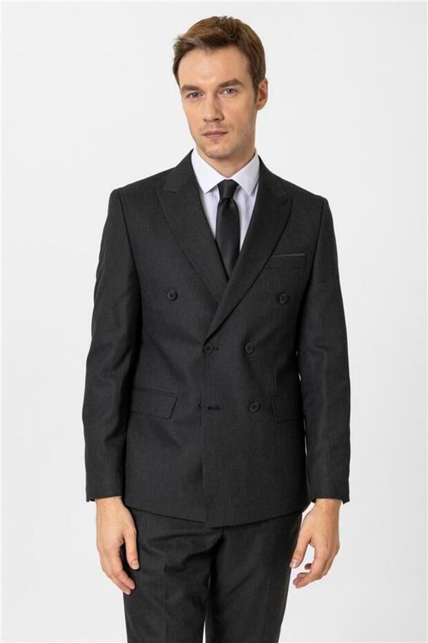 Siyah Slim Düz Kruvaze Yaka 6 Drop Takım Elbise - 3