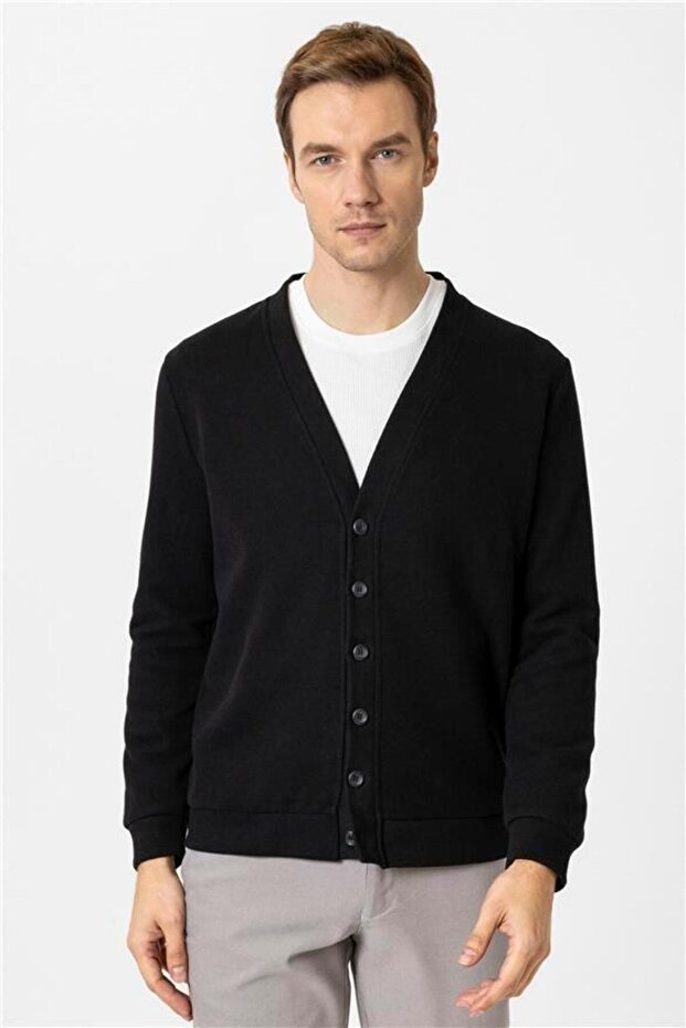 Siyah Regular Armürlü V Yaka Hırka - 1