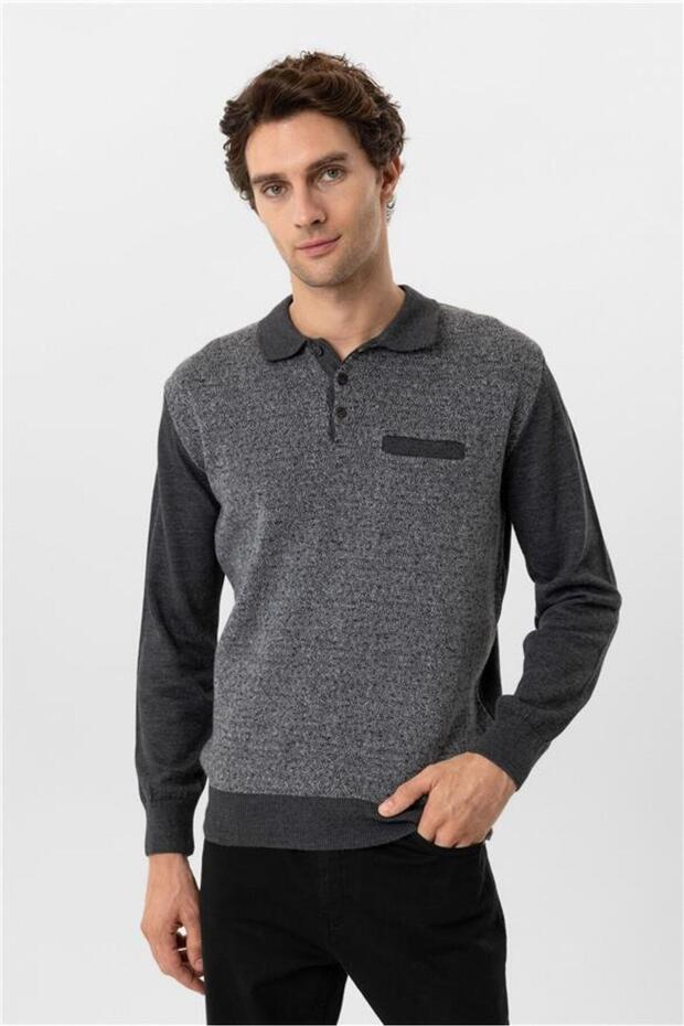 Antrasit Regular Armürlü Polo Yaka Triko - 1