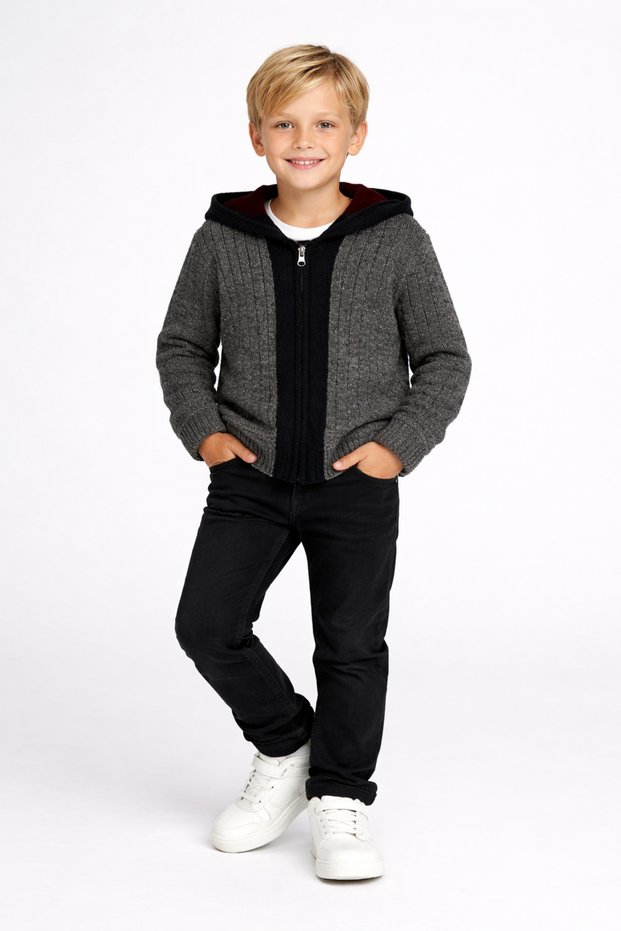 Anthracite Boy's Hooded Zippered Knitwear Cardigan 1-5 Years