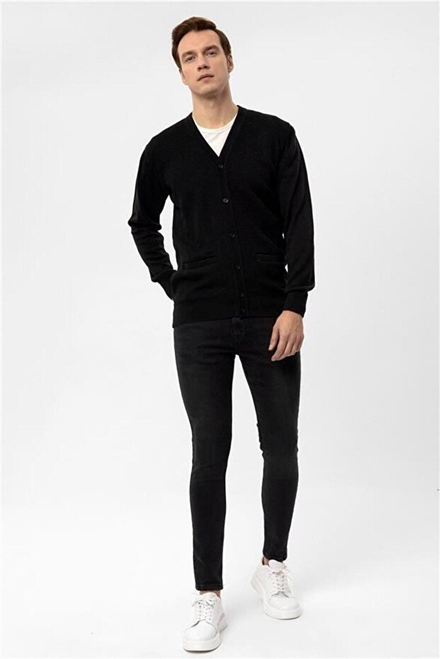 Siyah Regular Armürlü Düğmeli Yaka Hırka - 2