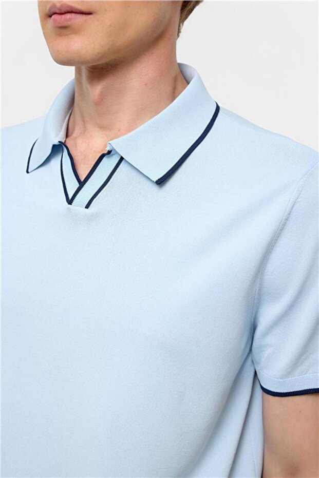 Buz Mavi Regular Düz Polo Yaka Triko - 4