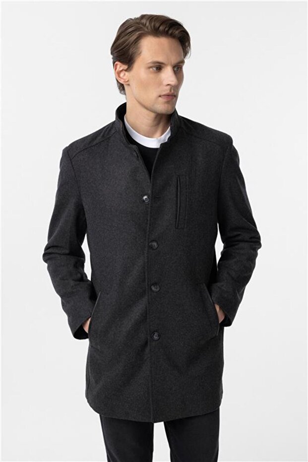 Antrasit Regular Düz Hakim Yaka Kaban - 1