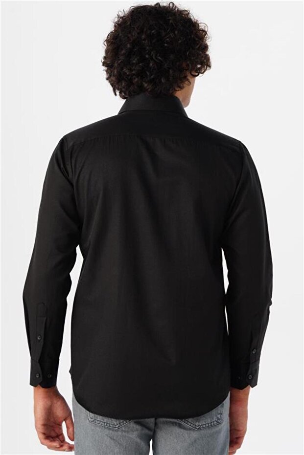 Siyah Regular Armürlü Klasik Yaka Gömlek - 3