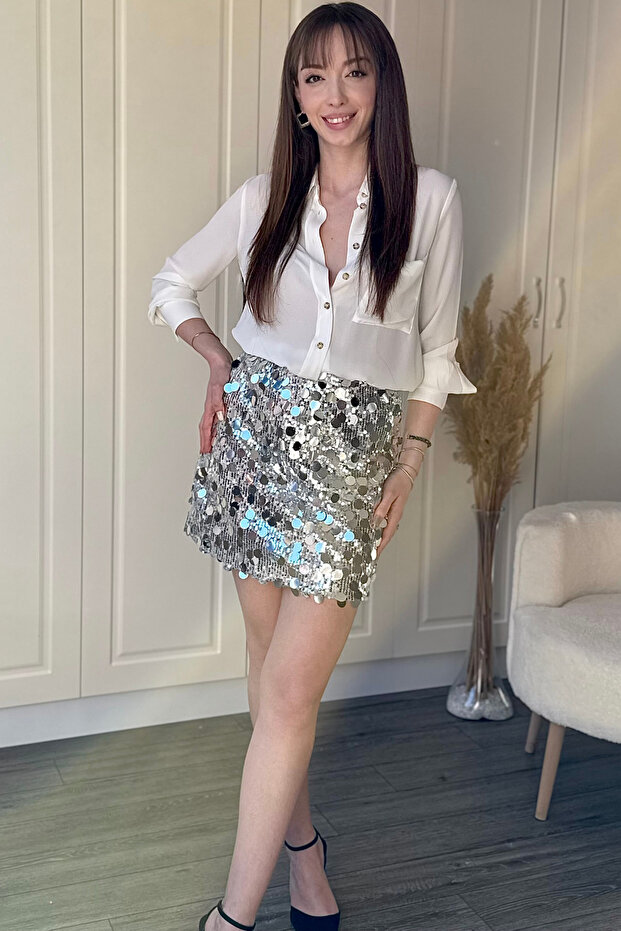 Şık Pullu Mini Gümüş Etek - 8