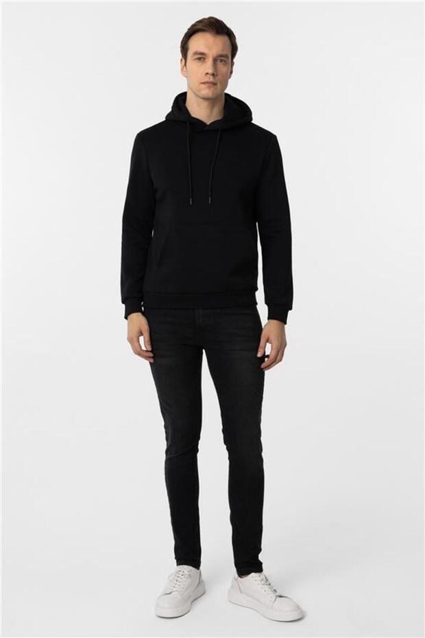 Siyah Regular Düz Kapüşonlu Yaka Triko - 5