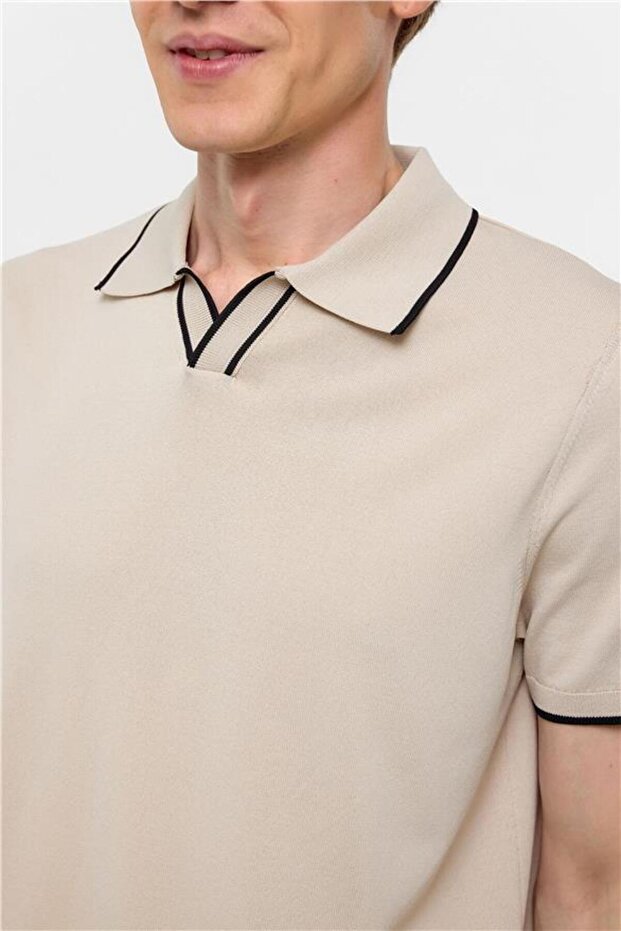 Bej Regular Düz Polo Yaka Triko - 4