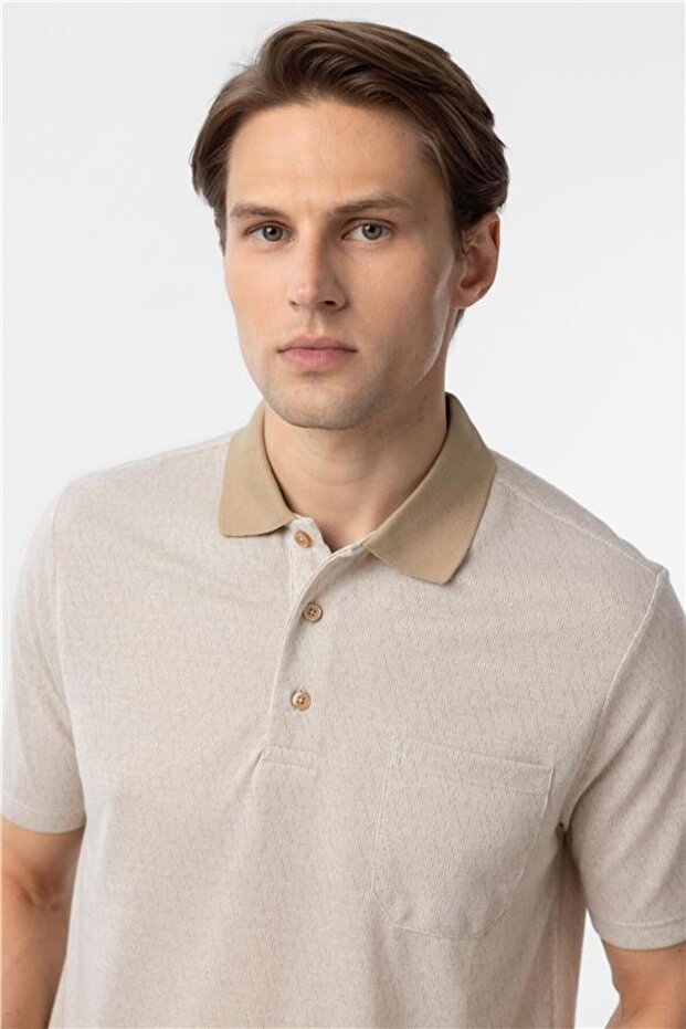 Bej Regular Armürlü Polo Yaka Tişört - 4