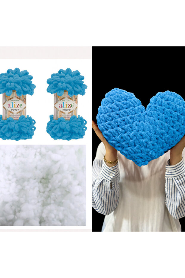 Heart Pillow Puffy Material 2 Pieces Puffy 16 Blue and 200 Gr. Bead Fiber Set