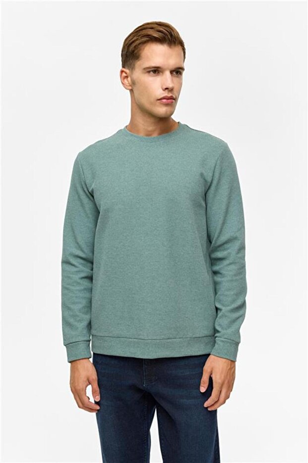 Haki Regular Düz Bisiklet Yaka Sweatshirt - 2