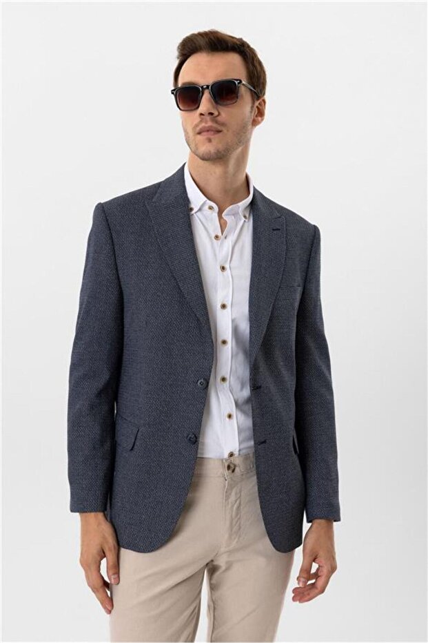 Lacivert Regular Desenli Sivri Yaka 4 Drop Ceket - 3