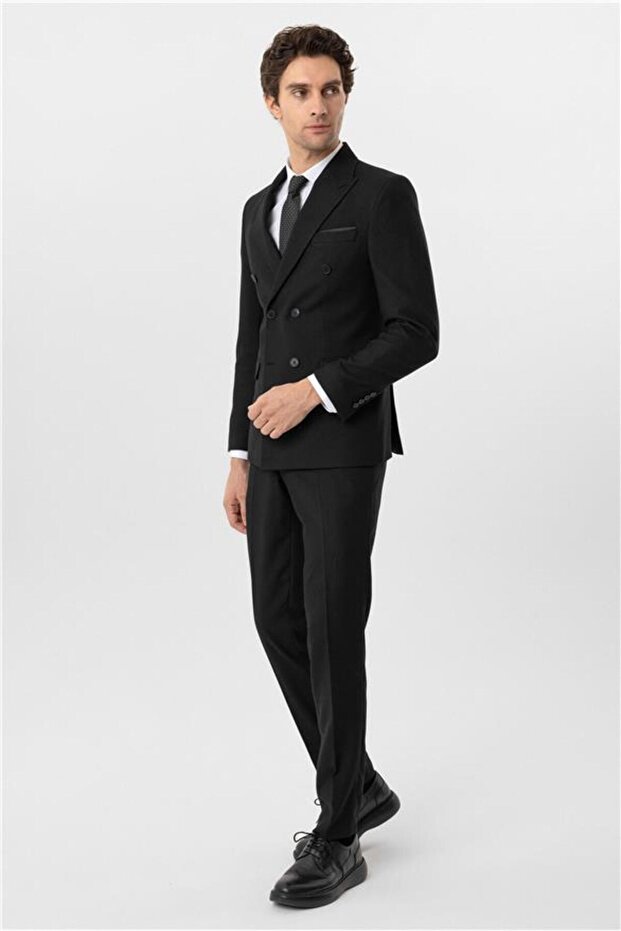 Black Slim Dobby Pointed Collar 6 Drop Suit - 6