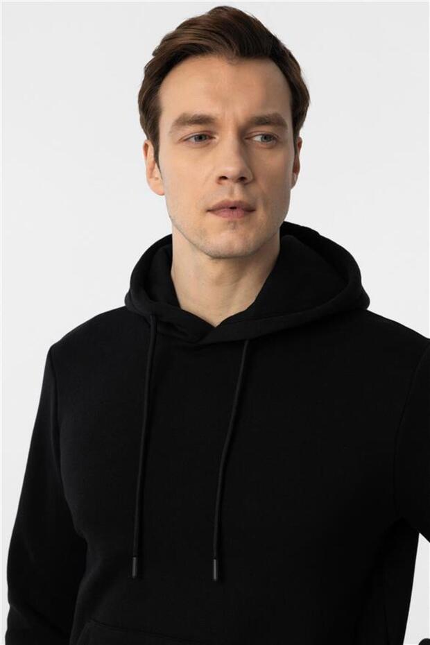 Siyah Regular Düz Kapüşonlu Yaka Triko - 3